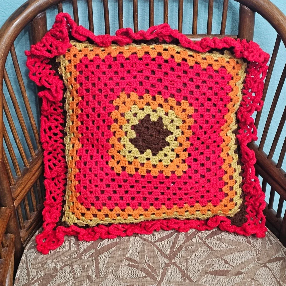 Vintage Handmade Crochet Granny Square Throw Pillow Red Orange Yellow Ruffled